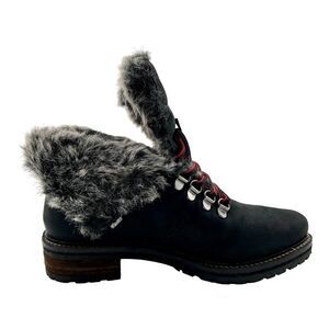 New Joules Ashwood Women US 5 Black Leather Faux Fur Warm Lace-Up Ankle Boots